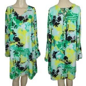 NWOT Kaari Blue Green Yellow Print Tie Back Slit Sleeve‎ Shift Dress Medium M